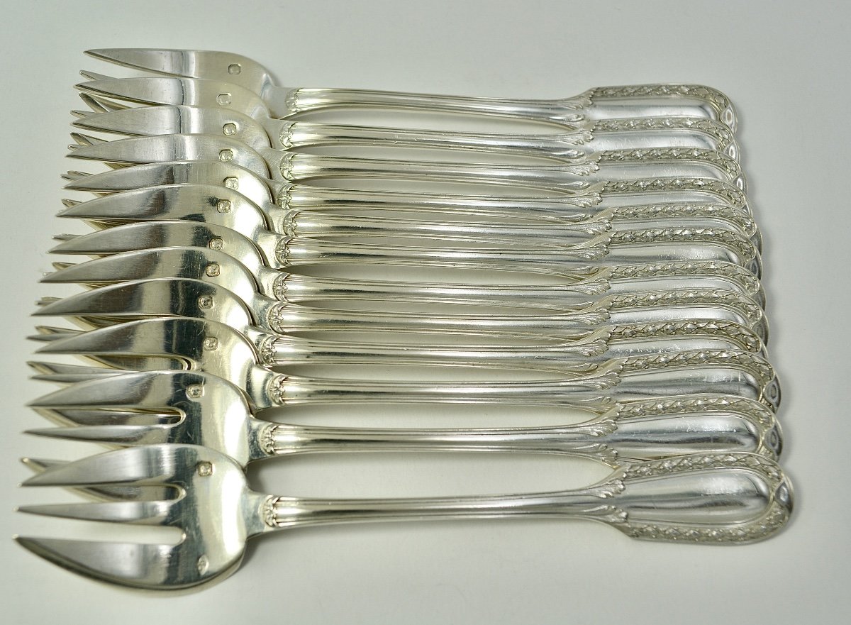 Puiforcat. Twelve Oyster Forks In Silver, France 19th Century -photo-6