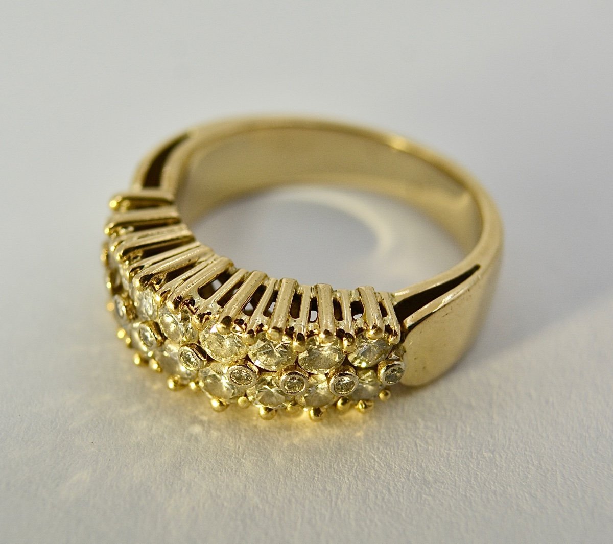 750/1000 Gold Ring With 2 Rows Of Diamonds, France 20th Century 