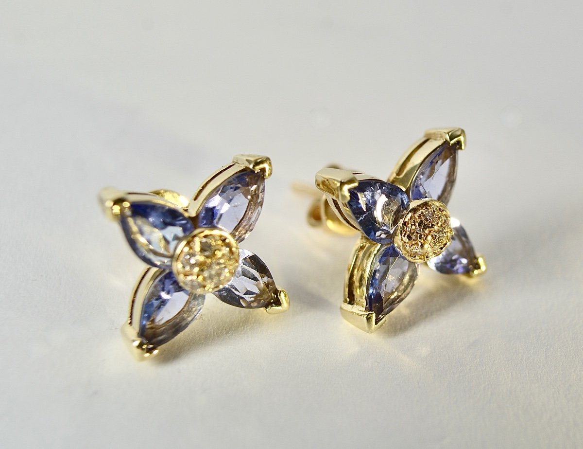 Paire De Clips D’oreilles, Or 585/1000, Tanzanites Et Diamants-photo-2