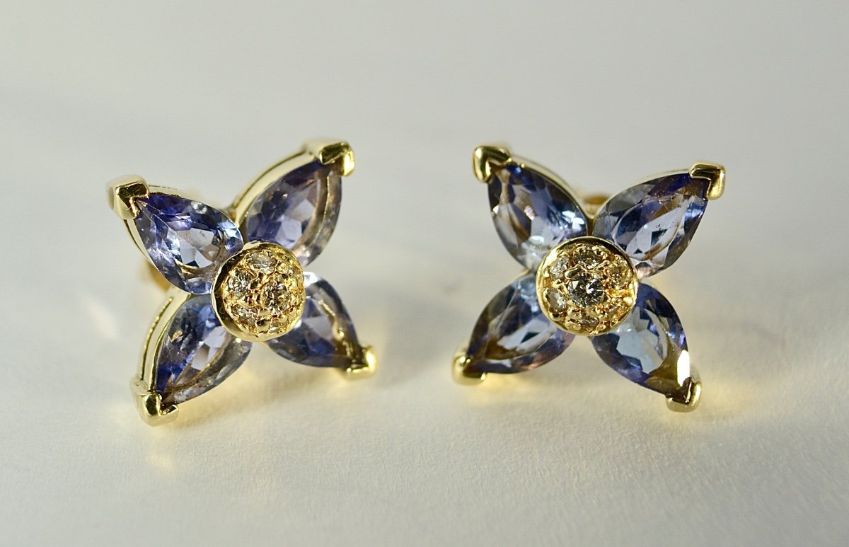 Paire De Clips D’oreilles, Or 585/1000, Tanzanites Et Diamants-photo-1