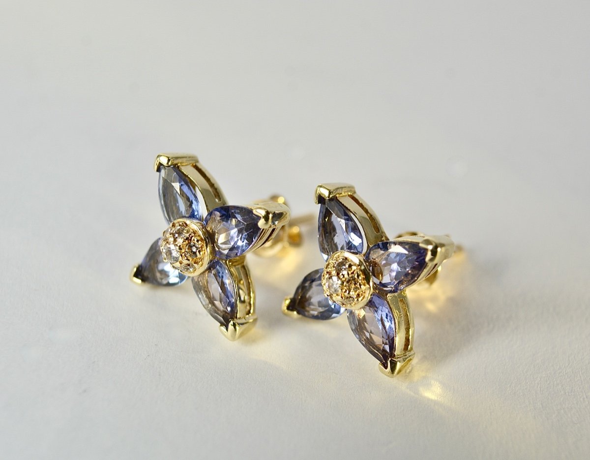 Paire De Clips D’oreilles, Or 585/1000, Tanzanites Et Diamants