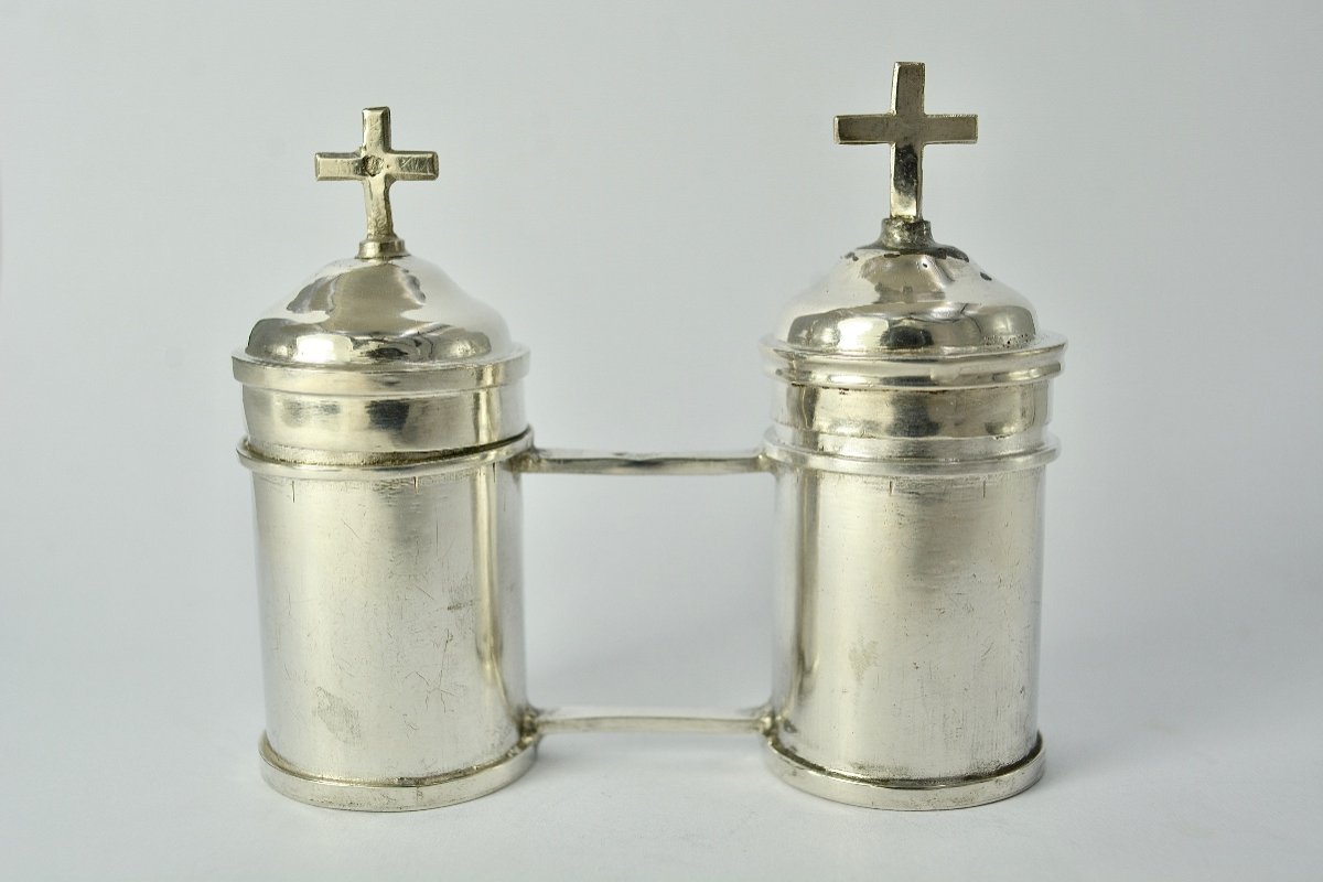 Silver Ampoules For Holy Oils, France Province, 19th Century -photo-2