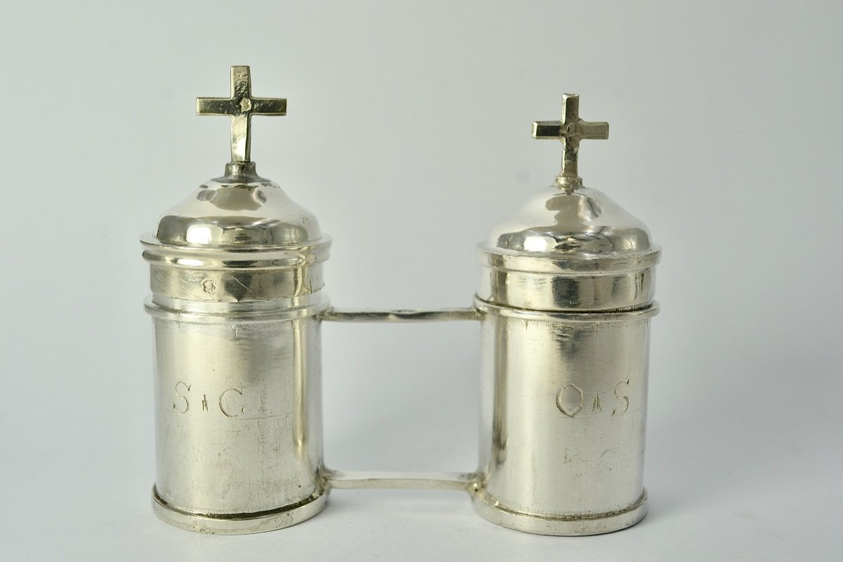 Silver Ampoules For Holy Oils, France Province, 19th Century 