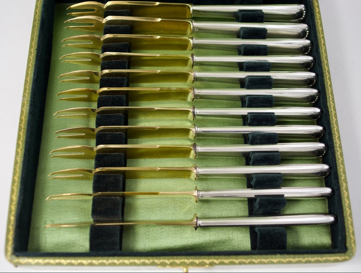 Art Nouveau. Twelve Shellfish Knives In Silver And Gilt Metal. France Circa 1900-photo-2