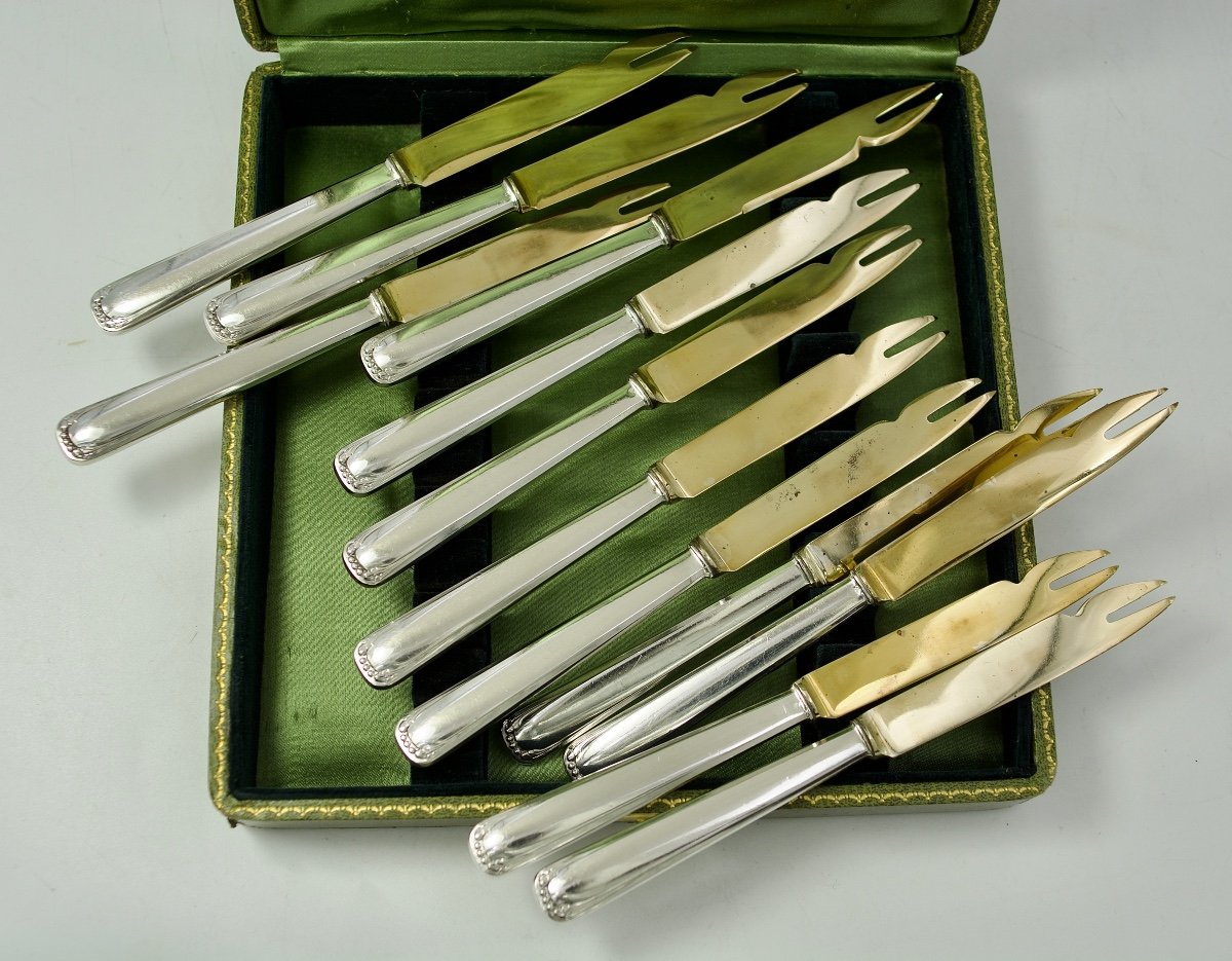 Art Nouveau. Twelve Shellfish Knives In Silver And Gilt Metal. France Circa 1900-photo-3