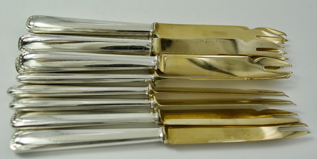 Art Nouveau. Twelve Shellfish Knives In Silver And Gilt Metal. France Circa 1900-photo-4