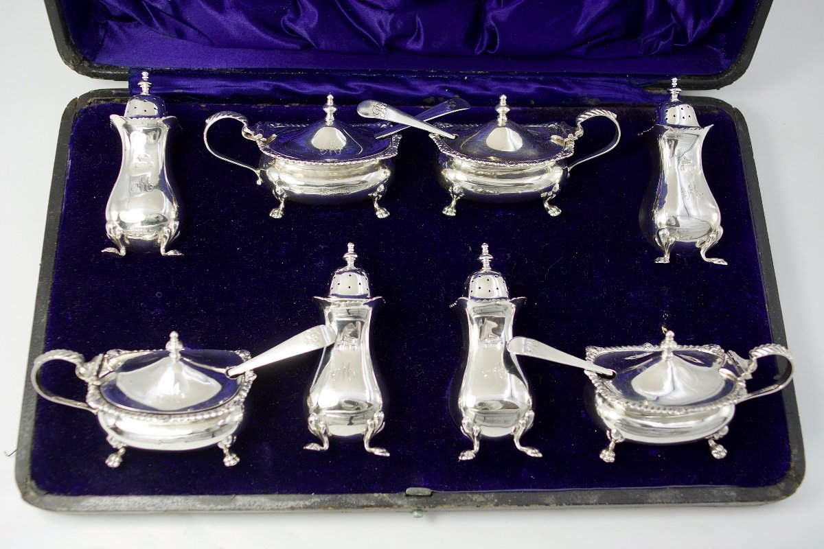 Silver Mustard Pots And Salt Cellars, Uk Birmingham Circa 109 -photo-2