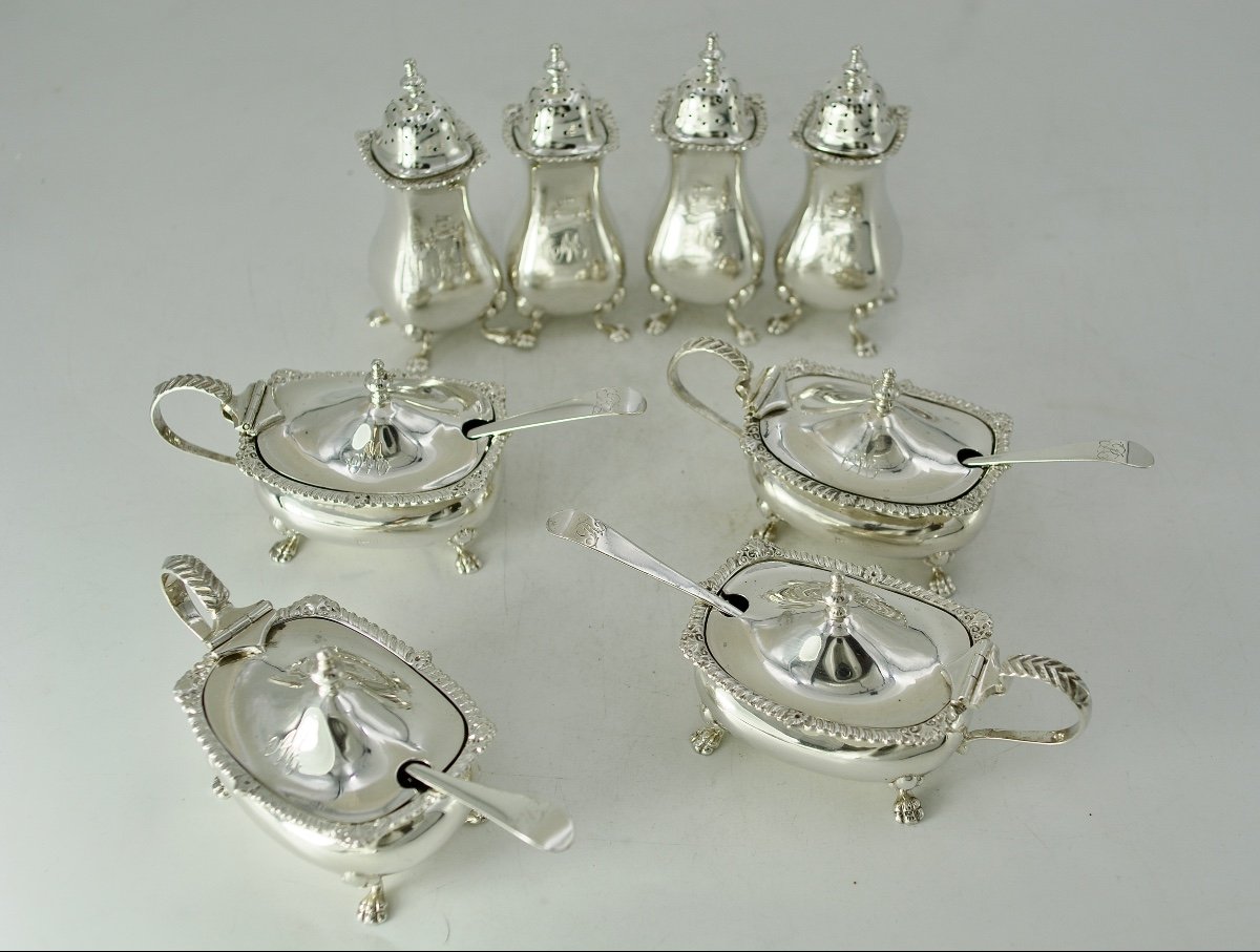 Silver Mustard Pots And Salt Cellars, Uk Birmingham Circa 109 -photo-4