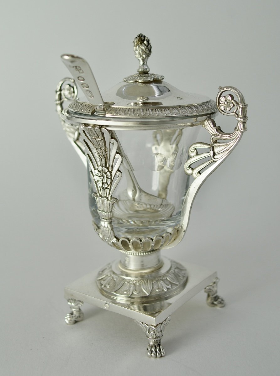 Silver And Crystal Mustard Pot, France 1809-1819