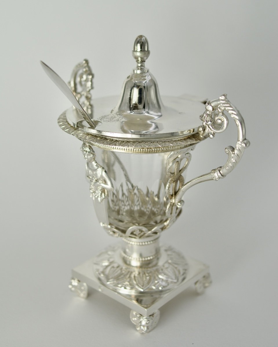 Silver And Crystal Mustard Pot, France 1819-1838-photo-3