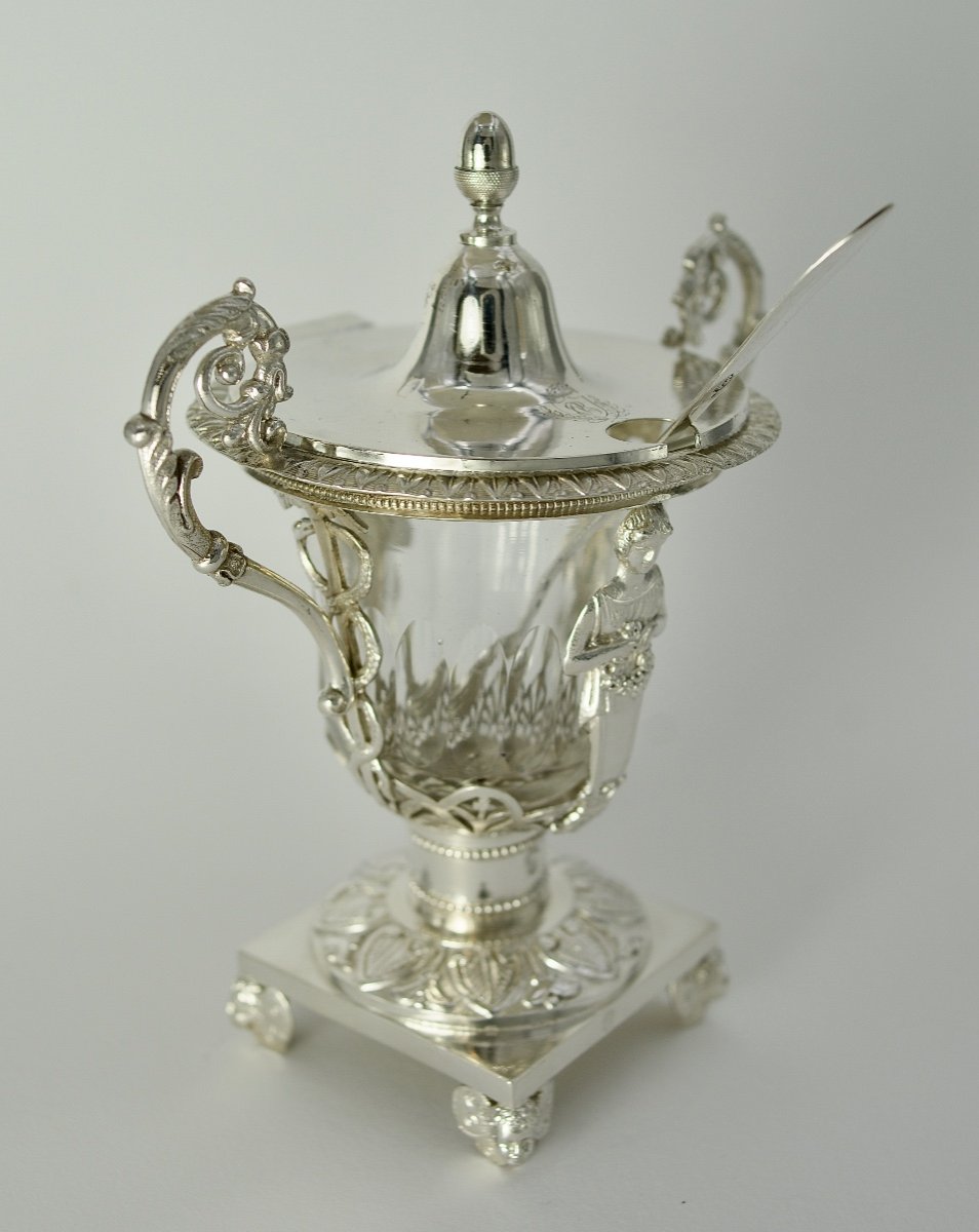 Silver And Crystal Mustard Pot, France 1819-1838