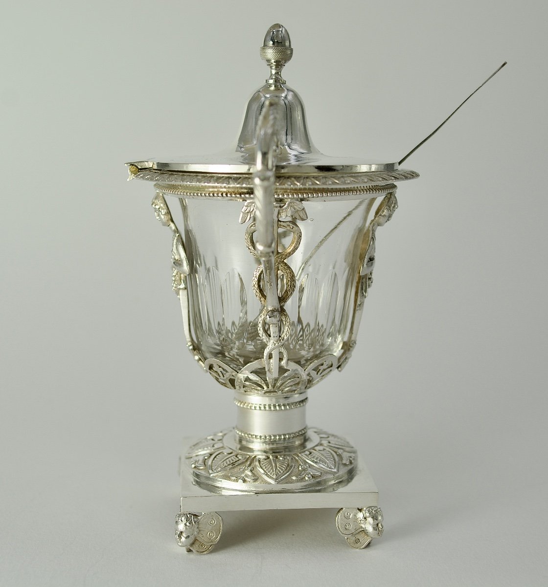 Silver And Crystal Mustard Pot, France 1809-1819-photo-3