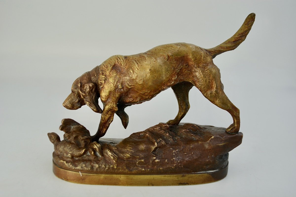 Prosper Lecourtier, Spaniel Sculpture, Patinated Bronze, Signed.