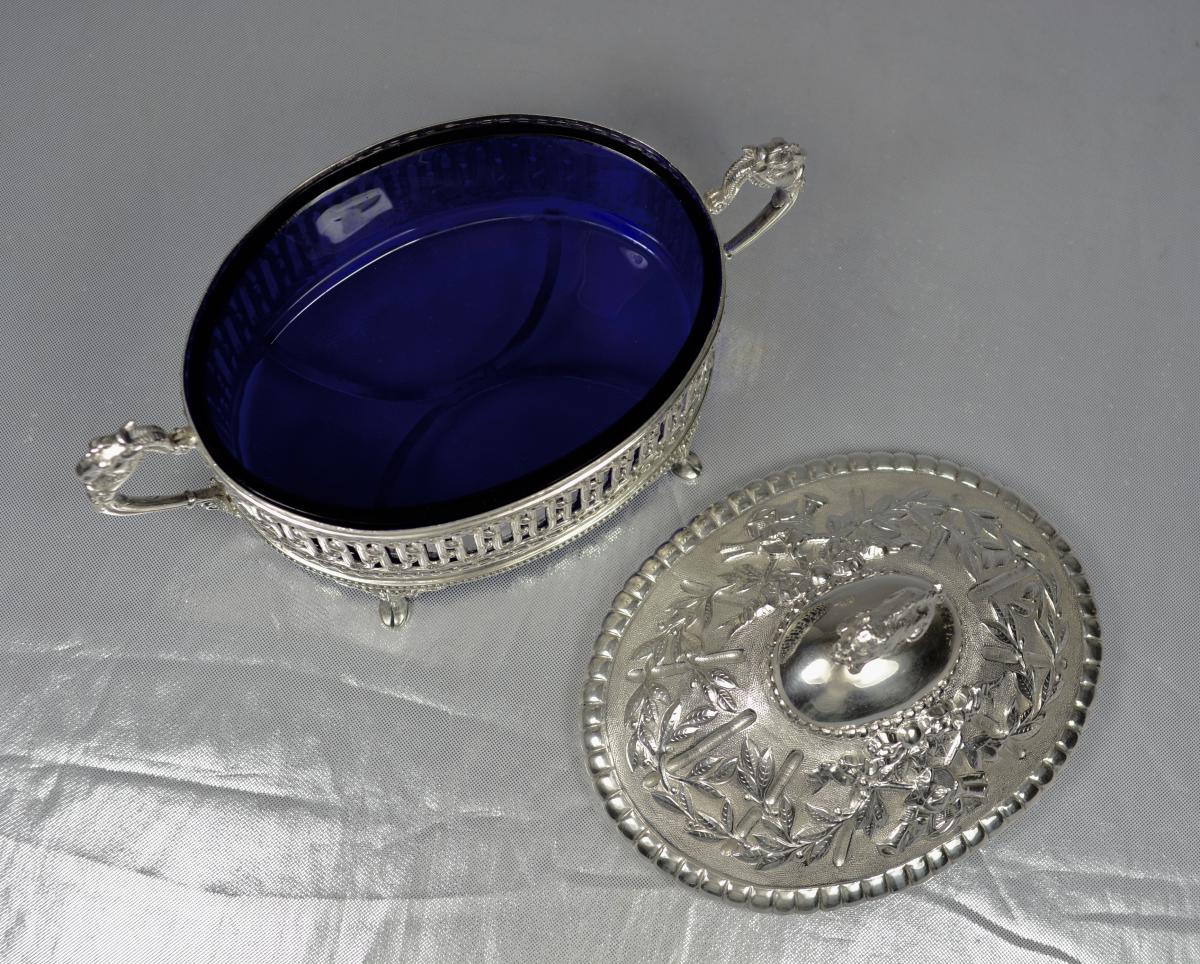 Terrine En Argent Intérieur En cristal Bleu France XIX ème -photo-1