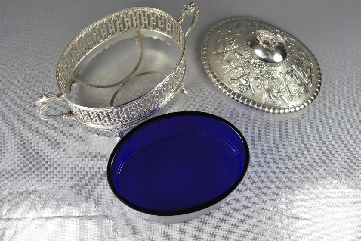 Terrine En Argent Intérieur En cristal Bleu France XIX ème -photo-3