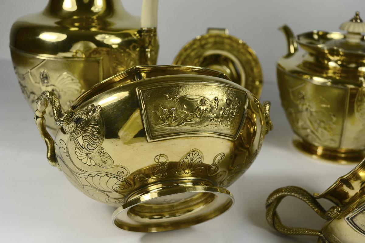 John Bridge Goldsmith, Tea And Coffee Set In Vermeil London 1827-photo-5