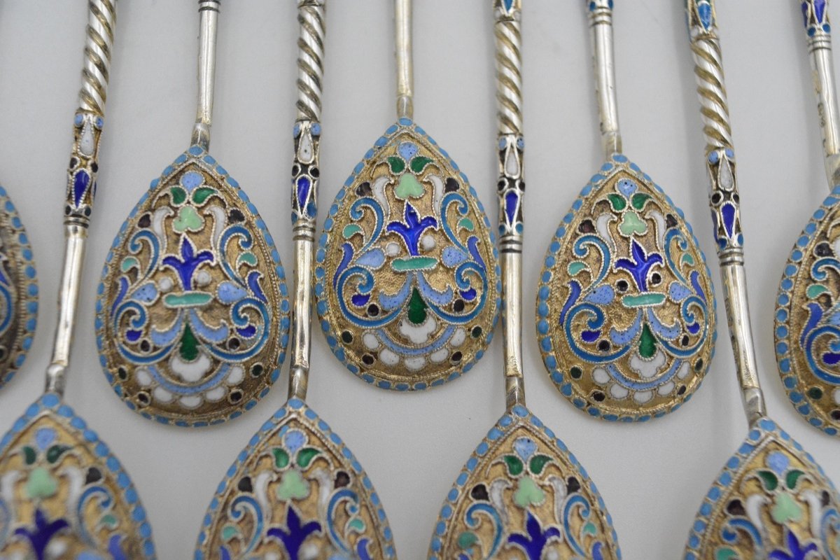 19th Century Russia. Spoons In Silver And Cloisonné Enamels-photo-2