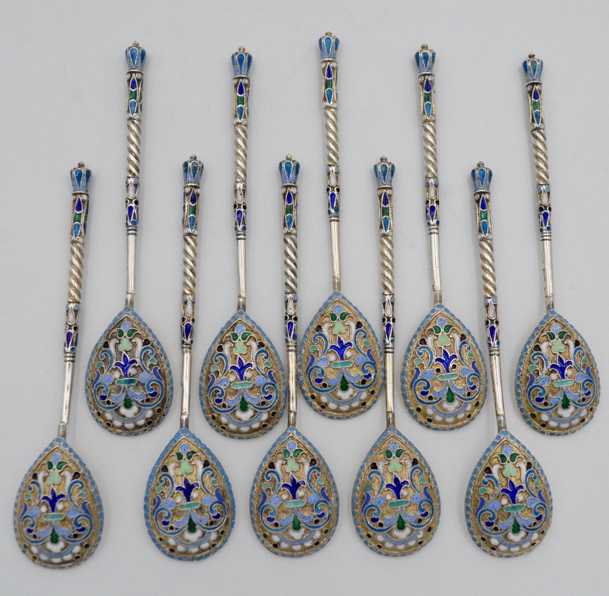 19th Century Russia. Spoons In Silver And Cloisonné Enamels
