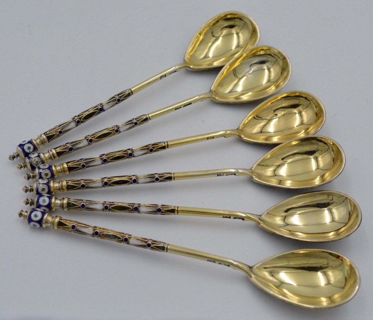 19th Century Russia. Set Of Six Spoons In Vermeil And Enamels.-photo-2