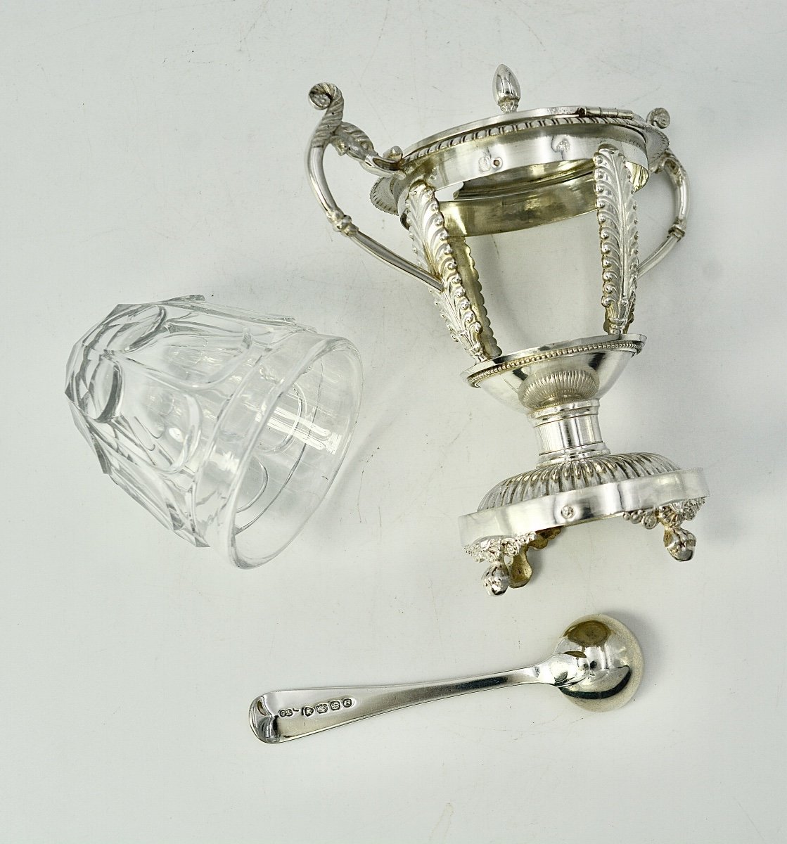 Crystal And Silver Mustard Pot, France Spoon Circa 1823-photo-4