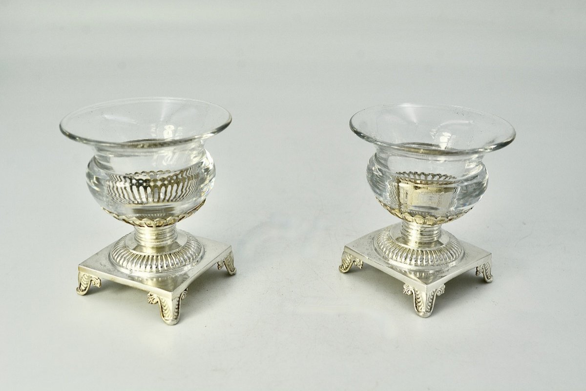 Paire De Salières En Argent Et Verre / France Vers 1830-photo-3