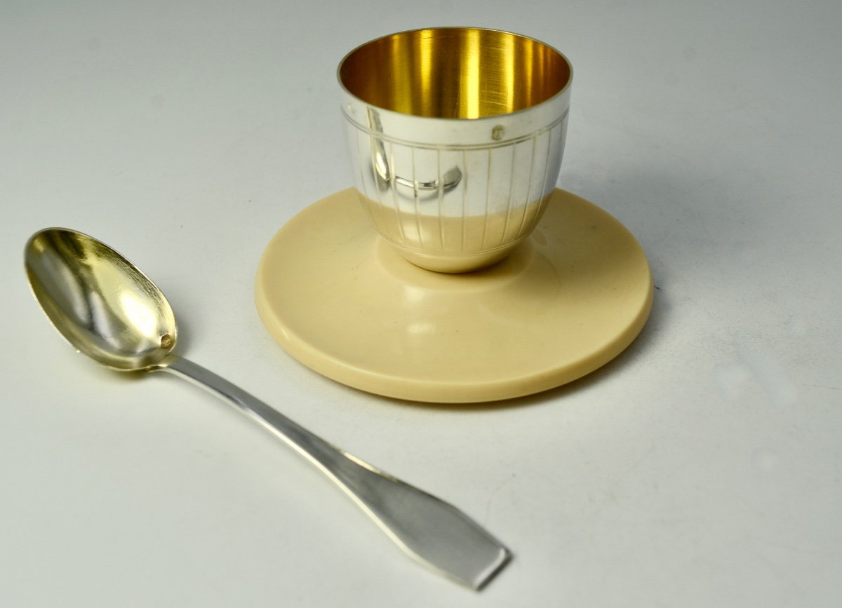 Art Deco, Egg Cup Silver And Bakelite France-photo-3