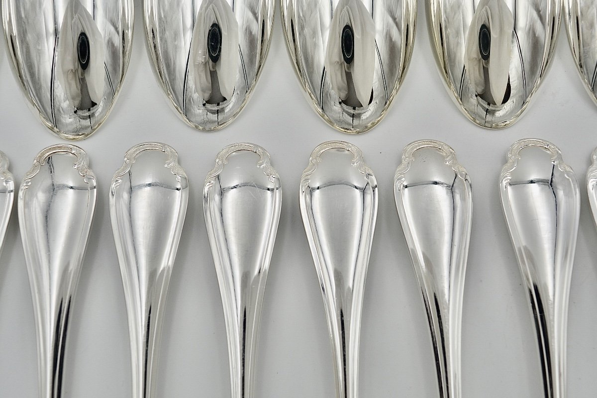 Christofle. 12 Table Cutlery In Silver Metal "pompadour"-photo-4