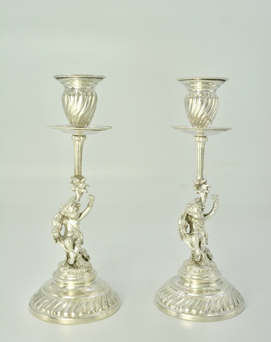 Pair Of Silver Candlesticks, Italy Early 20th Century