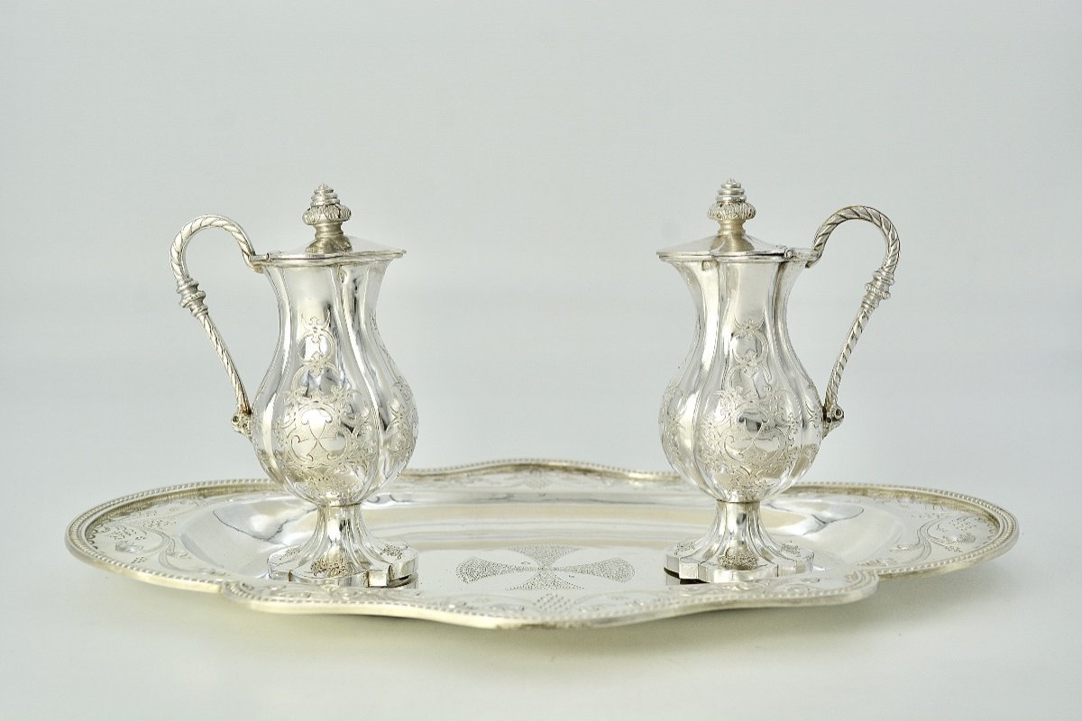 Burettes Et Leur Plateau En Argent, France Vers 1850 Par Favier Orfèvre -photo-2