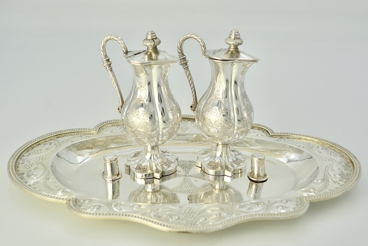 Cruets And Their Tray In Silver, France Around 1850 By Favier Orfèvre-photo-4