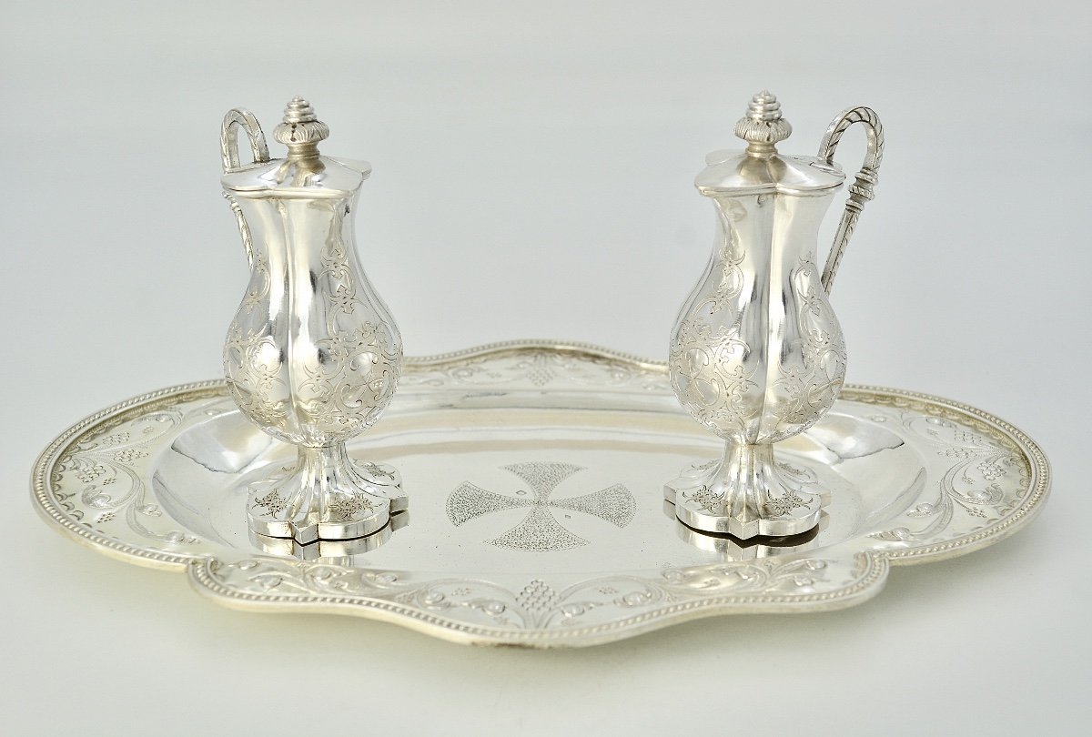 Burettes Et Leur Plateau En Argent, France Vers 1850 Par Favier Orfèvre 