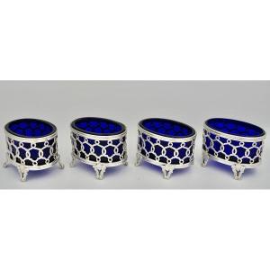 Set: Four Salerons In Silver And Blue Crystal, By Turquet Orfèvre Circa 1855