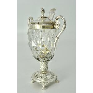 Silver And Crystal Mustard Pot, France 1819-1838