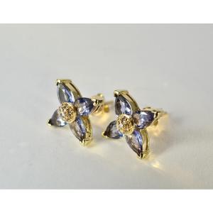 Paire De Clips D’oreilles, Or 585/1000, Tanzanites Et Diamants