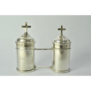 Silver Ampoules For Holy Oils, France Province, 19th Century 