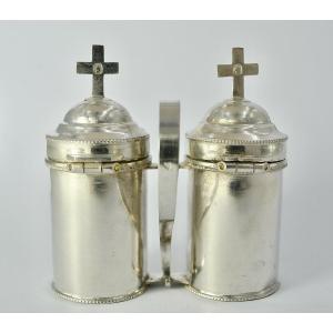 Silver Ampoules For Holy Oils, France Minerva 19th Century 