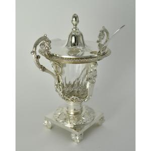 Silver And Crystal Mustard Pot, France 1819-1838