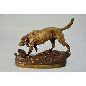 Prosper Lecourtier, Spaniel Sculpture, Patinated Bronze, Signed.