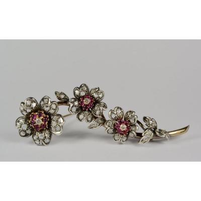 Broche En Or Et Argent, Rubis, Diamants  XIXe siècle 