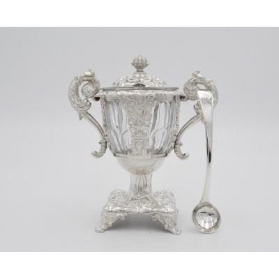 Mustard Pot In Silver And Crystal, France Nineteenth Century