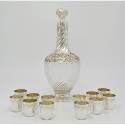 Carafe And Twelve Buckets, Crystal And Silver France Around 1900