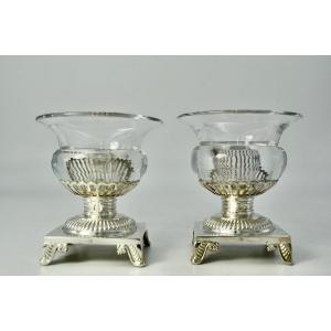 Pair Of Salt Shakers In Silver And Glass / France Circa 1830