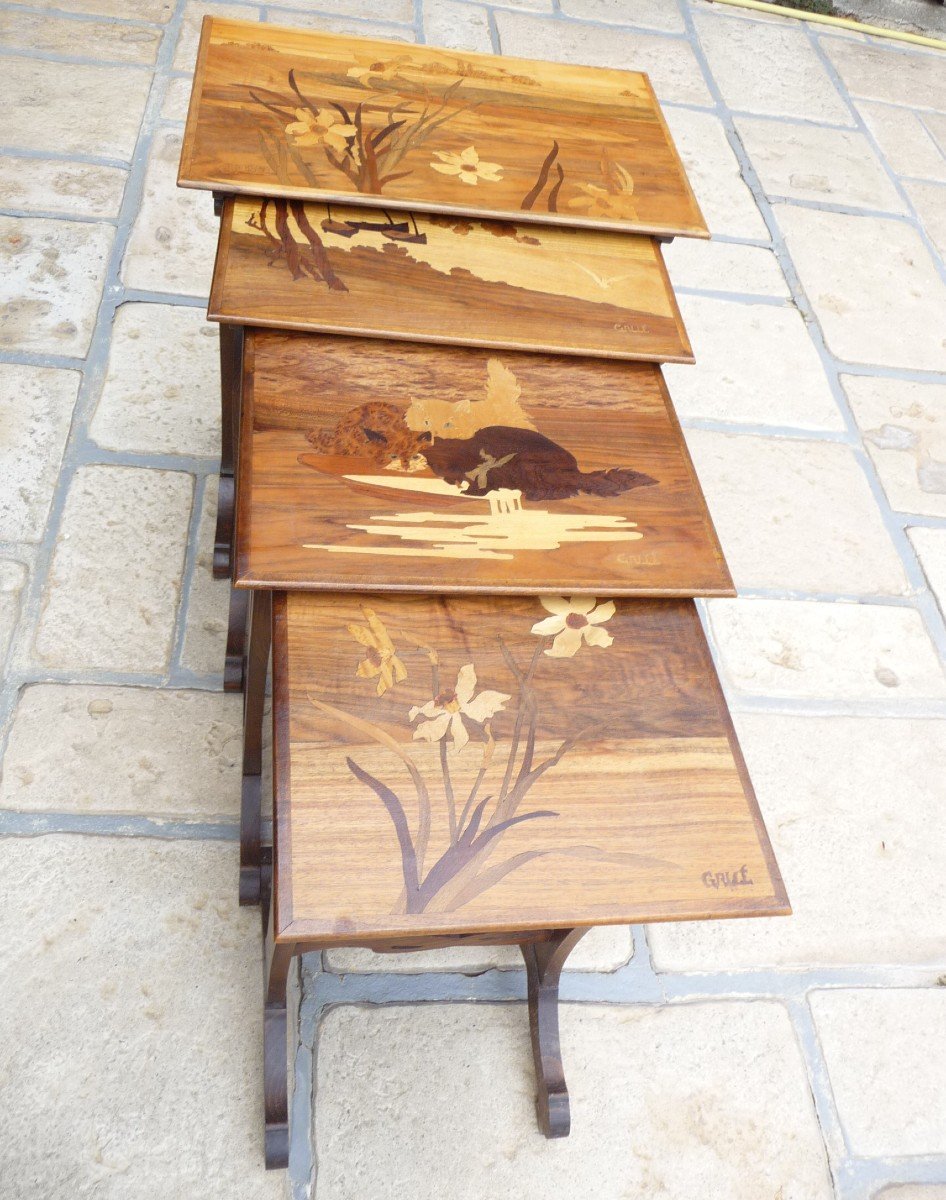 Emile Gallé: Series Of Nesting Tables In Marquetry, Circa 1900.