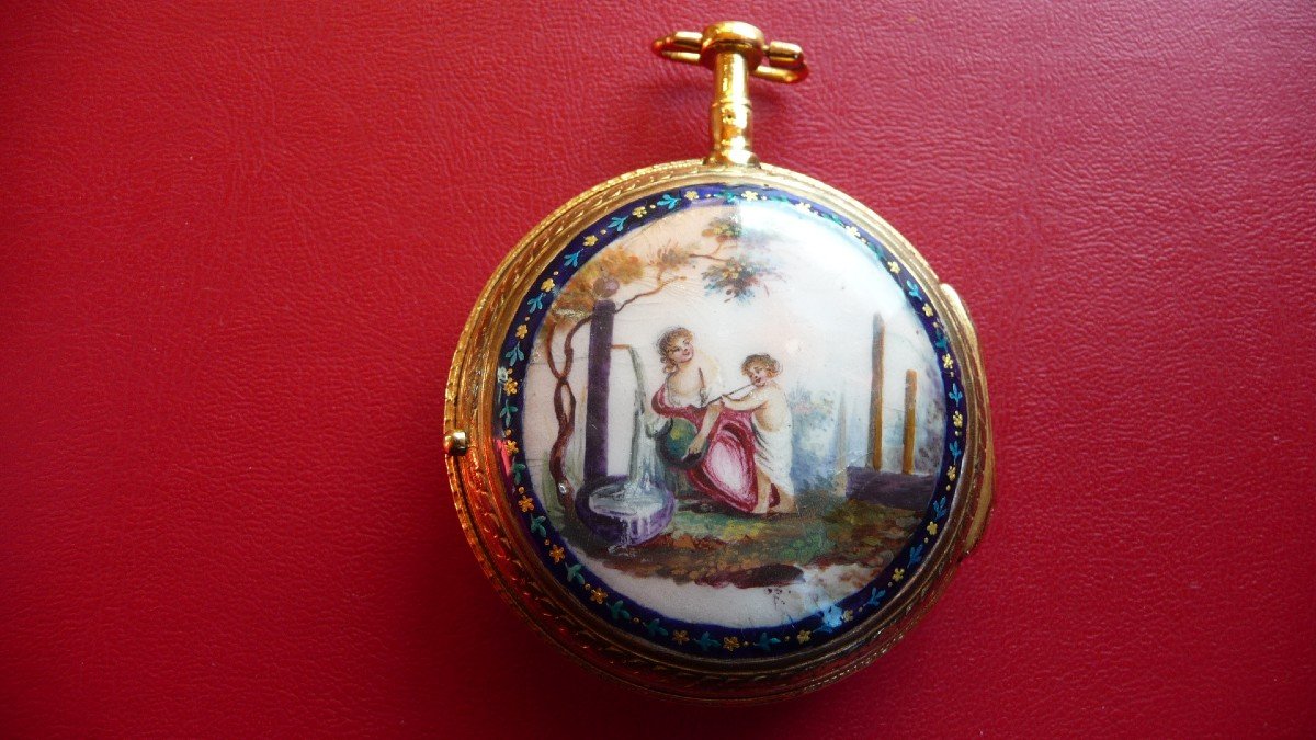 Beautiful Enameled Watch From The 18th Century, Signed Frères Rey In Geneva, Circa 1780.