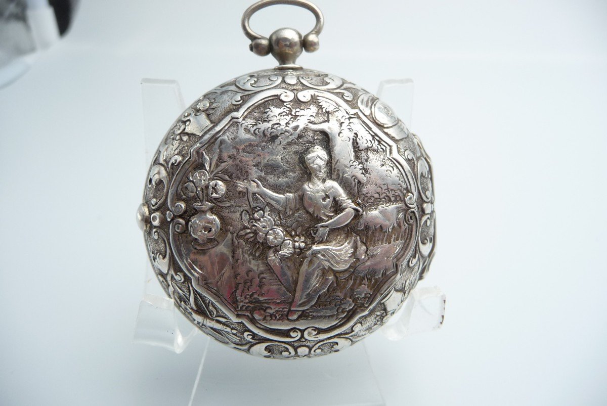 Very Rare Silver Watch, Double Case, By Johann Gottfried, Kriedel, In Bautzen Around 1730.-photo-3