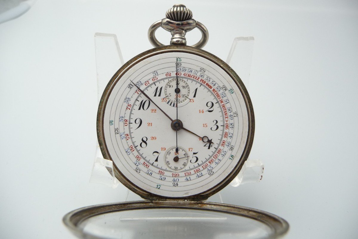 Beautiful Chronograph Pocket Watch, In Niellé Silver, 1900 Period-photo-2