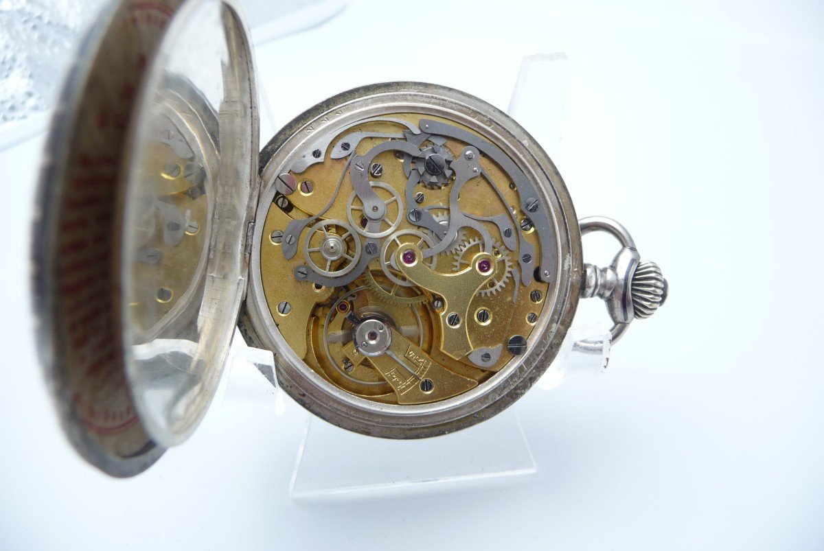 Beautiful Chronograph Pocket Watch, In Niellé Silver, 1900 Period-photo-4