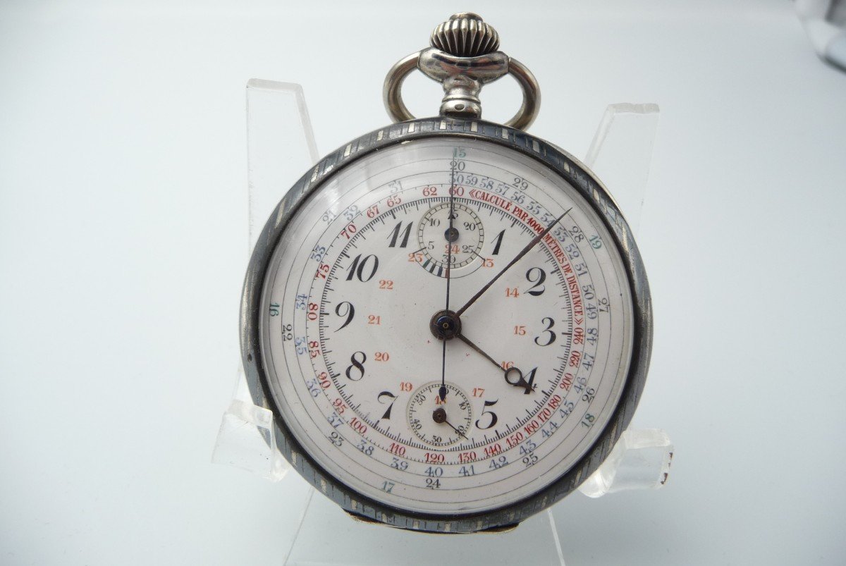 Beautiful Chronograph Pocket Watch, In Niellé Silver, 1900 Period