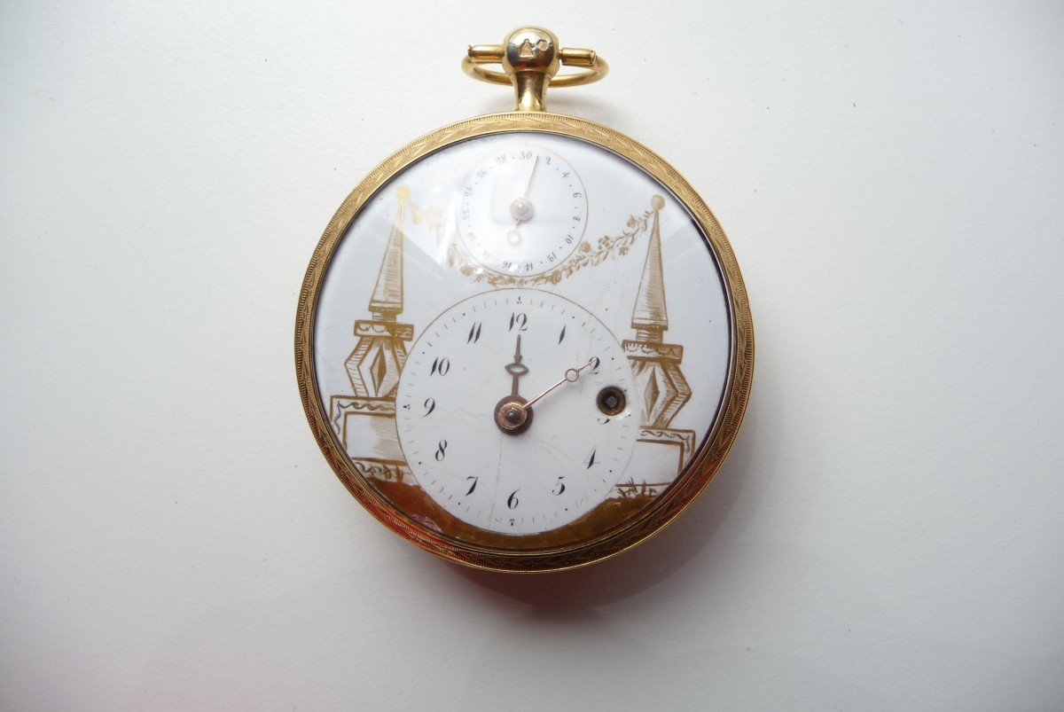 Very Rare Vermeil Watch, With Central Rooster, Golden Decor And Dates. Besançon: 1800. -photo-2