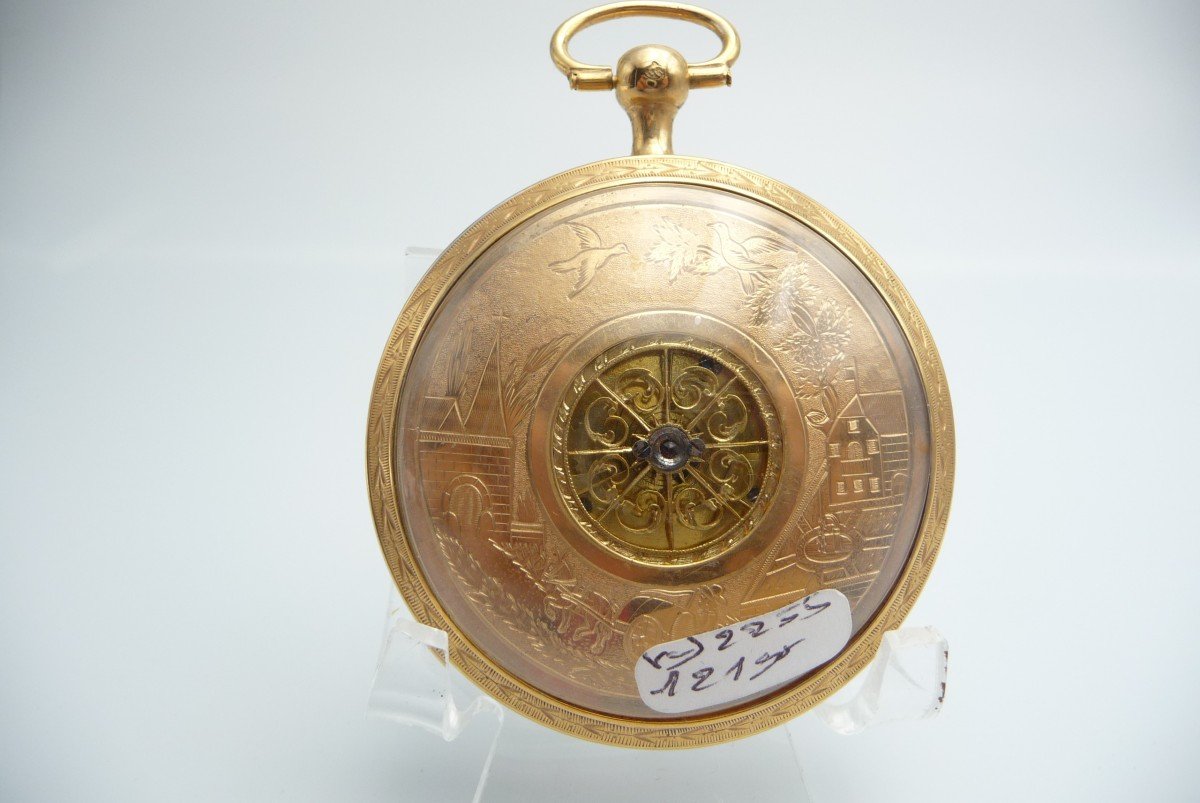 Very Rare Vermeil Watch, With Central Rooster, Golden Decor And Dates. Besançon: 1800. 